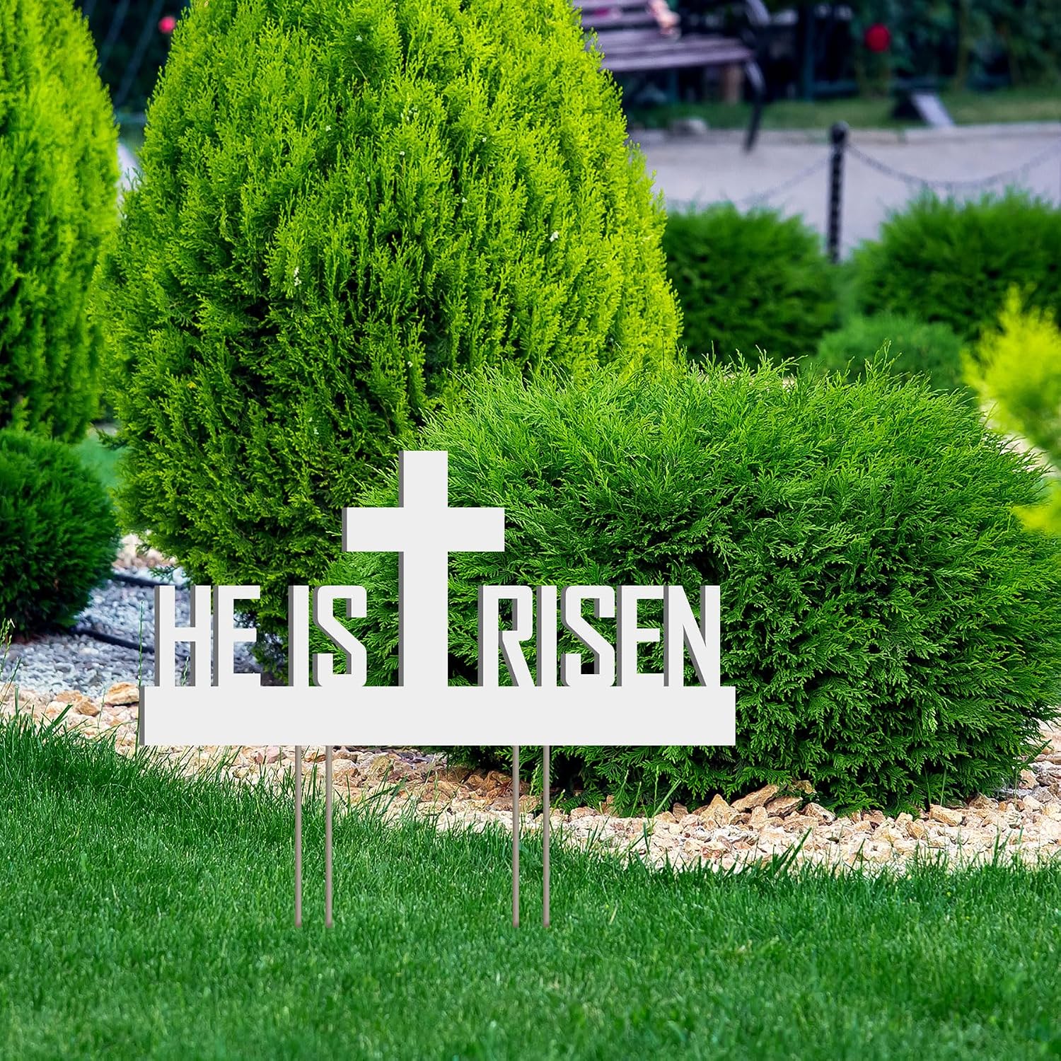 He Is Risen Outdoor Yard Sign – Easter Decorations, Weatherproof PVC with Metal Stakes, 2' x 1', for Yard, Church, or Garden Décor, White