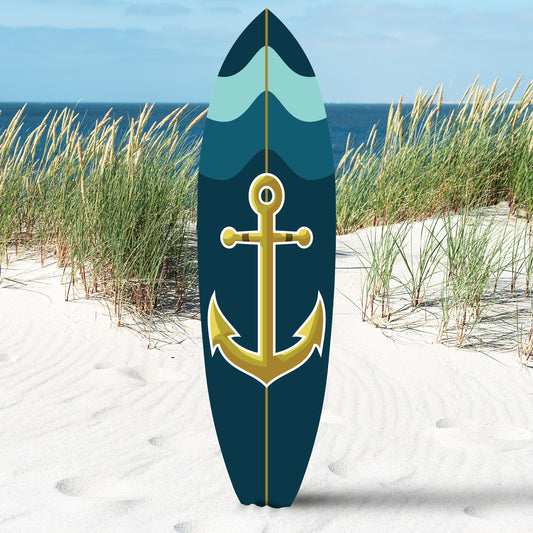 Nautical Anchor Surfboard Wall Art, 3 ft x 10 in, Navy Blue and Teal, Beach House Decor, Indoor Outdoor - Weather Resistant PVC