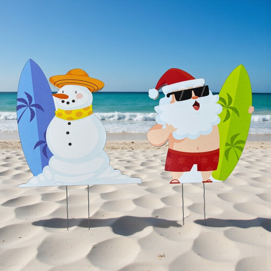 Santa and Snowman Coastal Surf Yard Signs