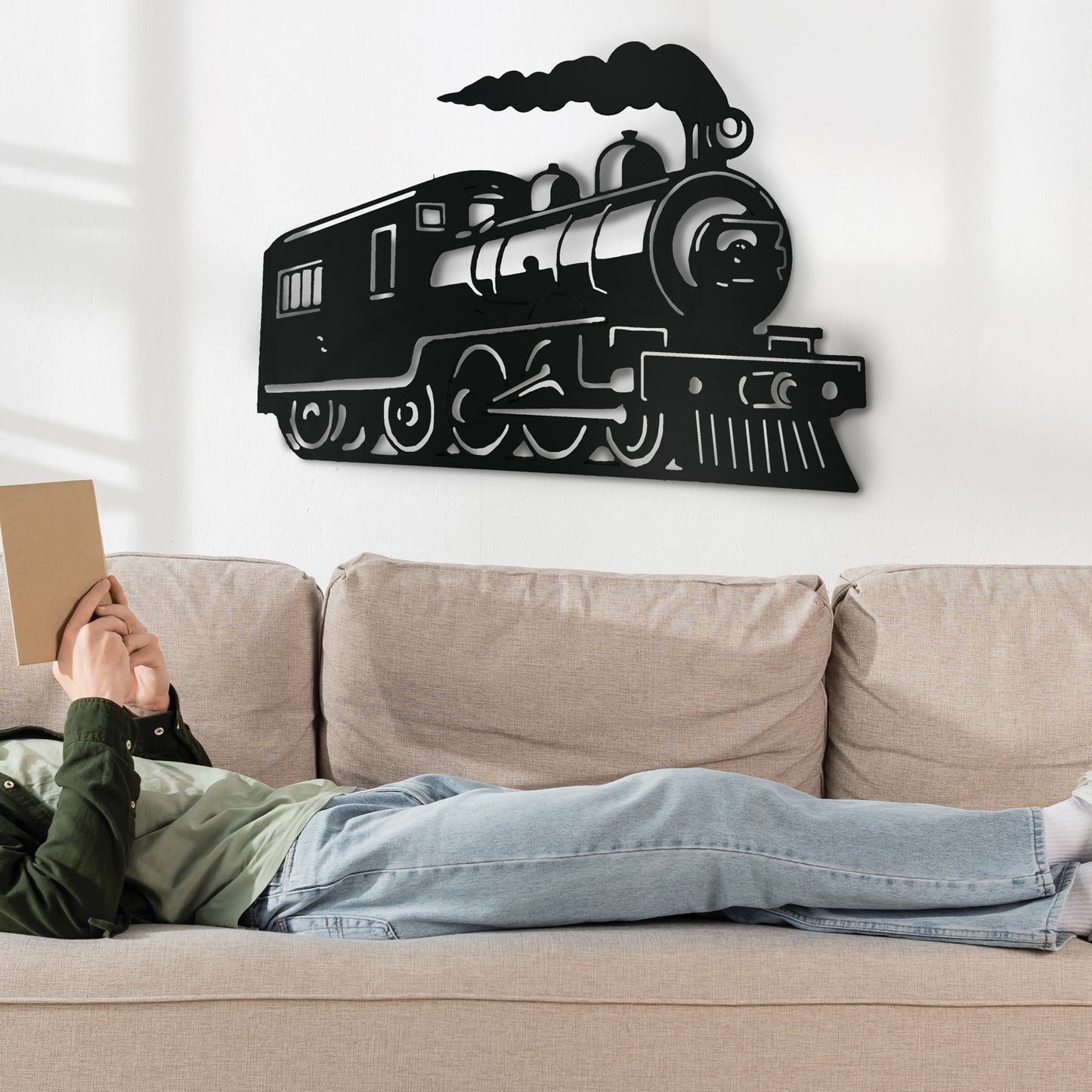 Outdoor Train Steam Locomotive Wall Art – Black PVC Railroad Decor – Weatherproof Train Car Sign