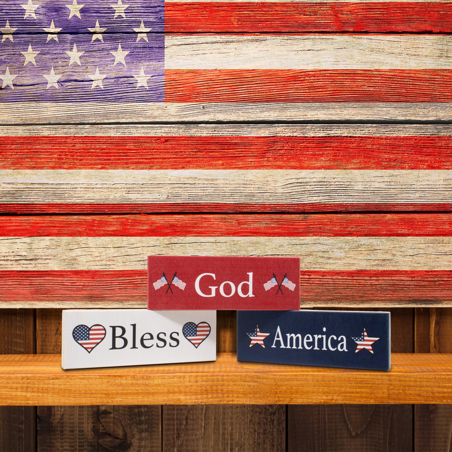 JennyGems American Pride Gifts, God Bless America Signs, Wood Blocks Set of 3, 5.5x2 in, Patriotic American Decorations, USA Tiered Tray Decor, Mantel Decor, Patriotic Home Decor, Made in USA