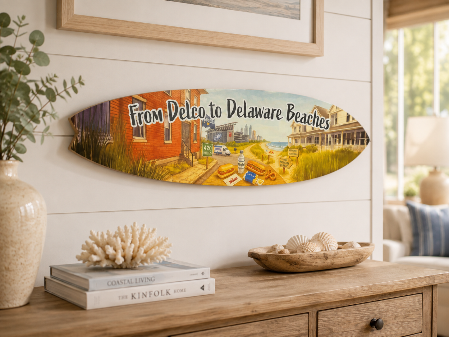 From Delco to Delaware Beaches Surfboard Wall Art, PVC Sign, 1 FT to 5 FT