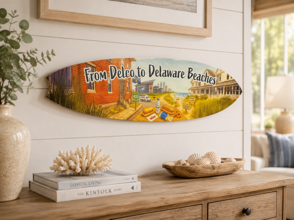 From Delco to Delaware Beaches Surfboard Wall Art, PVC Sign, 1 FT to 5 FT