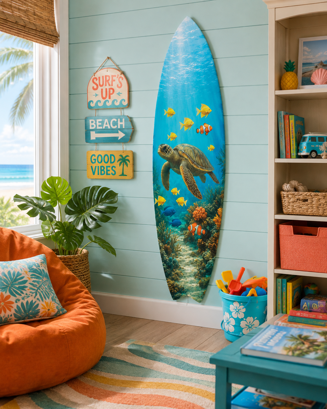 Outdoor Decorative Surfboard Wall Art - Sea Turtle Decor Ocean-Themed, Beach House Sign, Weather Resistant PVC