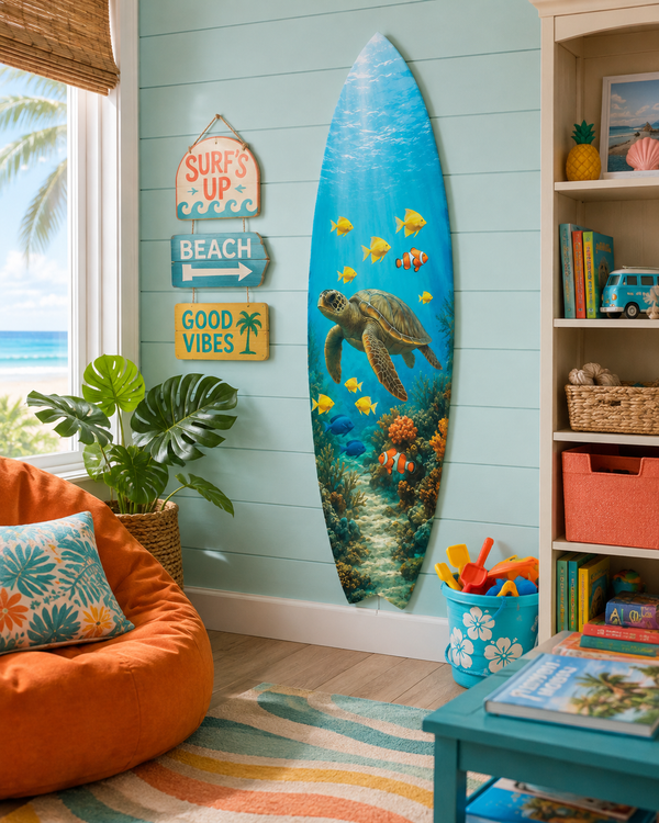 Outdoor Decorative Surfboard Wall Art - Sea Turtle Decor Ocean-Themed, Beach House Sign, Weather Resistant PVC