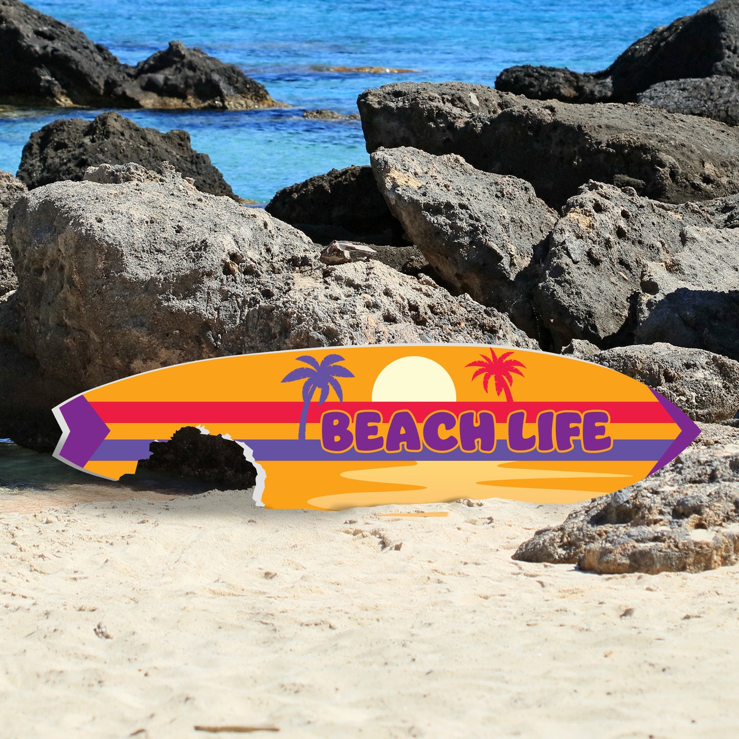 Outdoor Beach Life Surfboard Wall Art with Shark Bite, Nautical Beach Decor, Surfboard Sign Outside Inside, Weather Resistant, 5 Foot