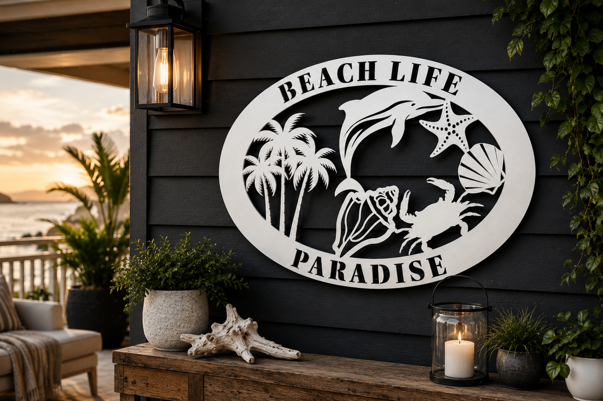 Beach Life Paradise – Coastal Beach House Wall Decor, Tropical Sign for Home, Porch, Fence, Indoor Outdoor Use Weatherproof PVC