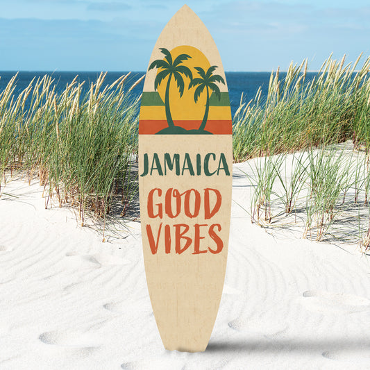 Outdoor Surfboard Wall Art Jamaica Good Vibes Sign with Sunset and Palm Trees, Beach House Tropical Coastal Decor Weatherproof PVC, 5 Foot