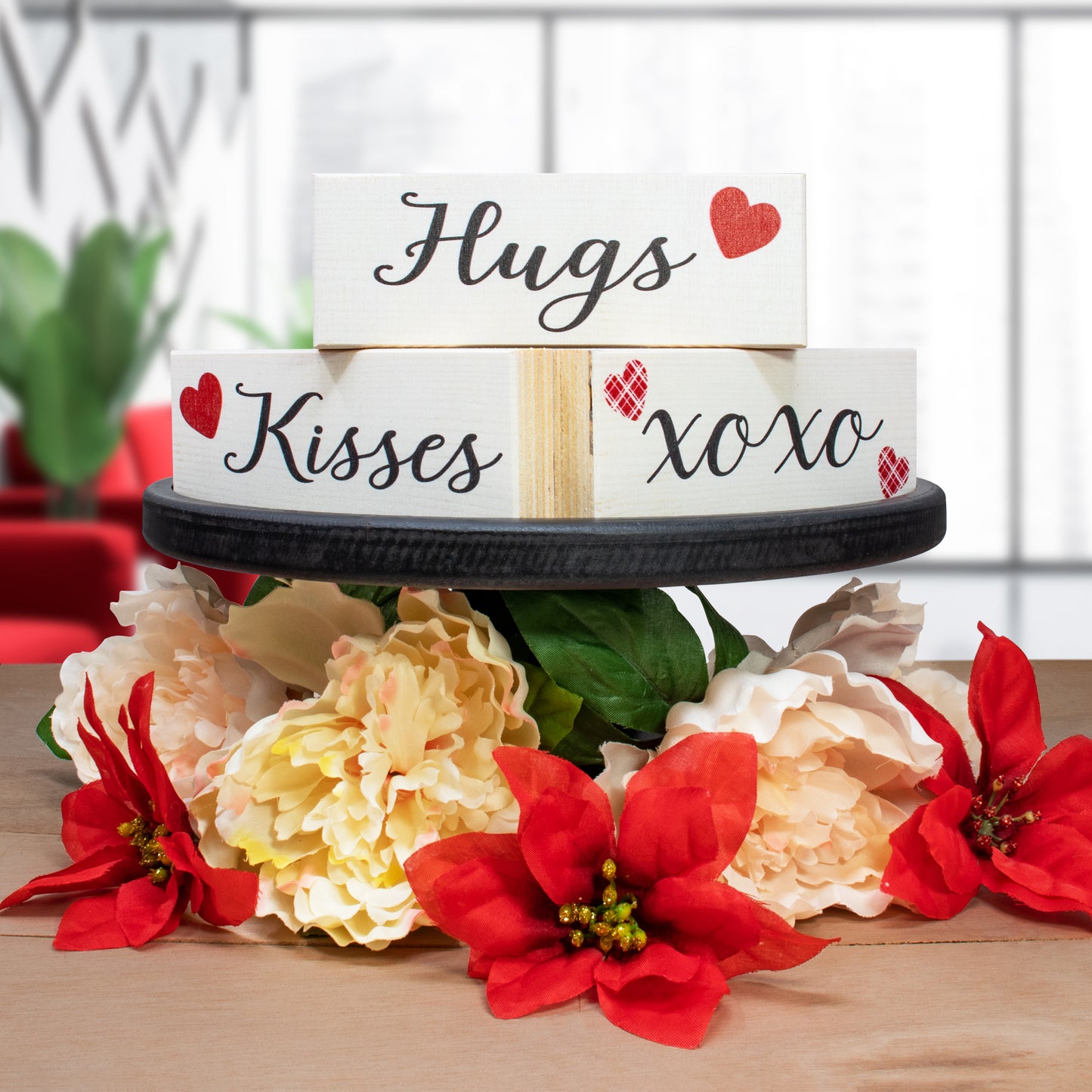 Valentines Day Decorations, Hugs Kisses Valentines Sign Decor Gift, 3 Pieces Mini Wood Block Set, Valentine's Decor, Valentine's Day Tiered Tray Table Decorations