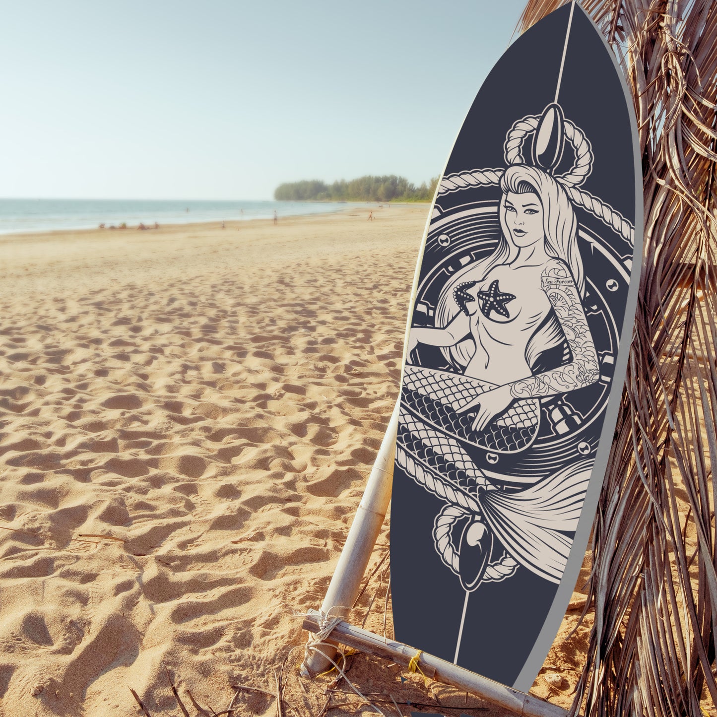 Outdoor Mermaid Surfboard Wall Art – Weatherproof PVC – Coastal Mermaid Sign for Beach House or Pool Area, 4 Foot