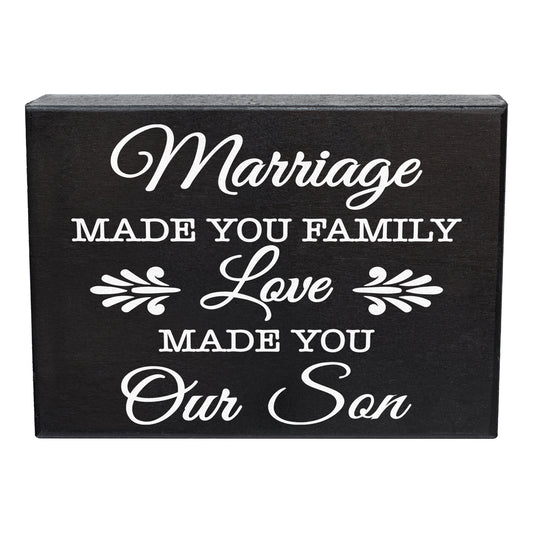 JennyGems Son in Law Gifts From Mother in Law, Son-in-Law Gift Sign Decor Plaque, 8x6 Inch Wood Sign, Marriage Made You Family Love Made You Our Son, Best Son-in-Law Gift Sign