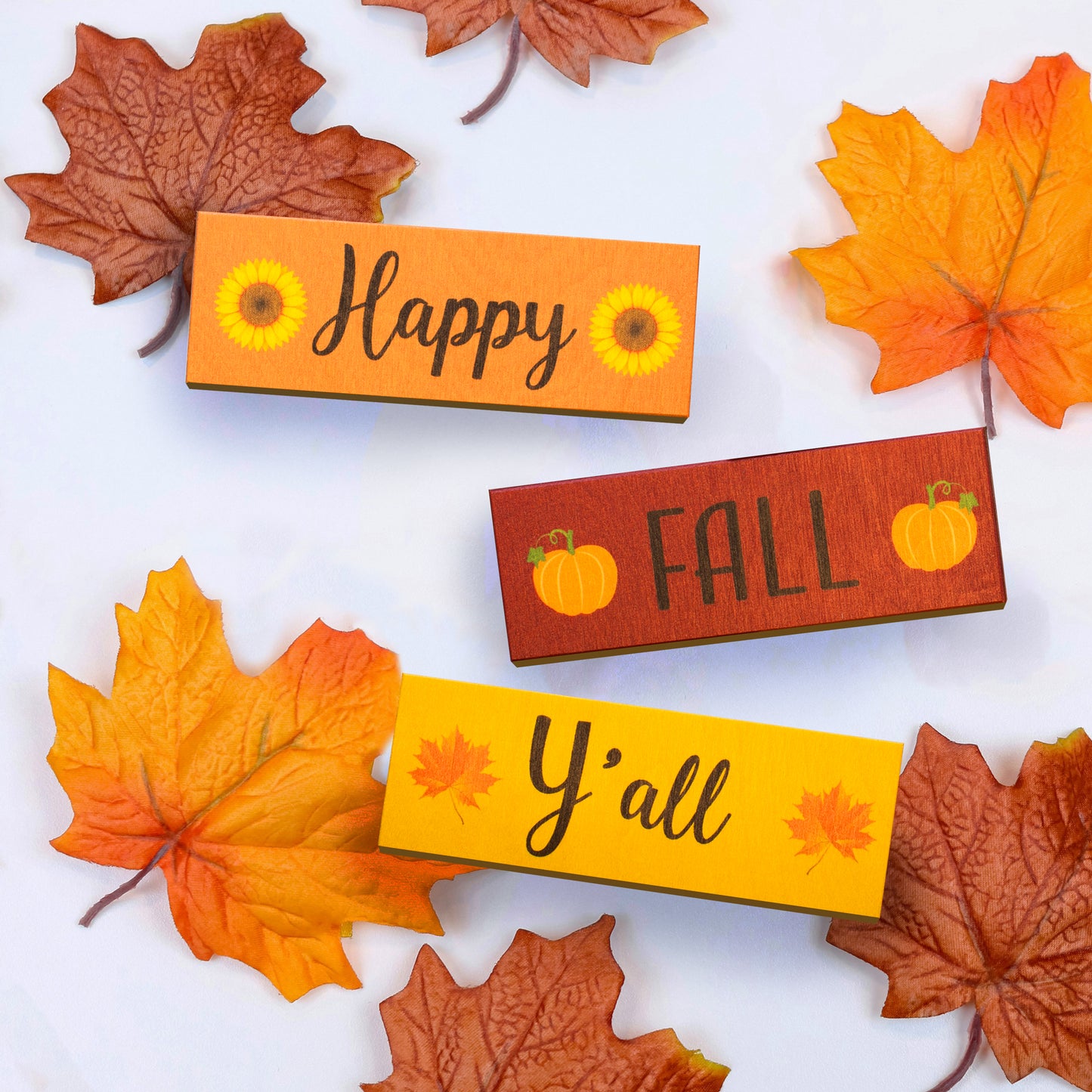 JennyGems Fall Decor, Happy Fall Y’all Wooden Block Signs, Fall Tiered Tray, Fall Decorations for Home, Autumn Thanksgiving Decorations, Maple Leaf Pumpkin, Made in USA