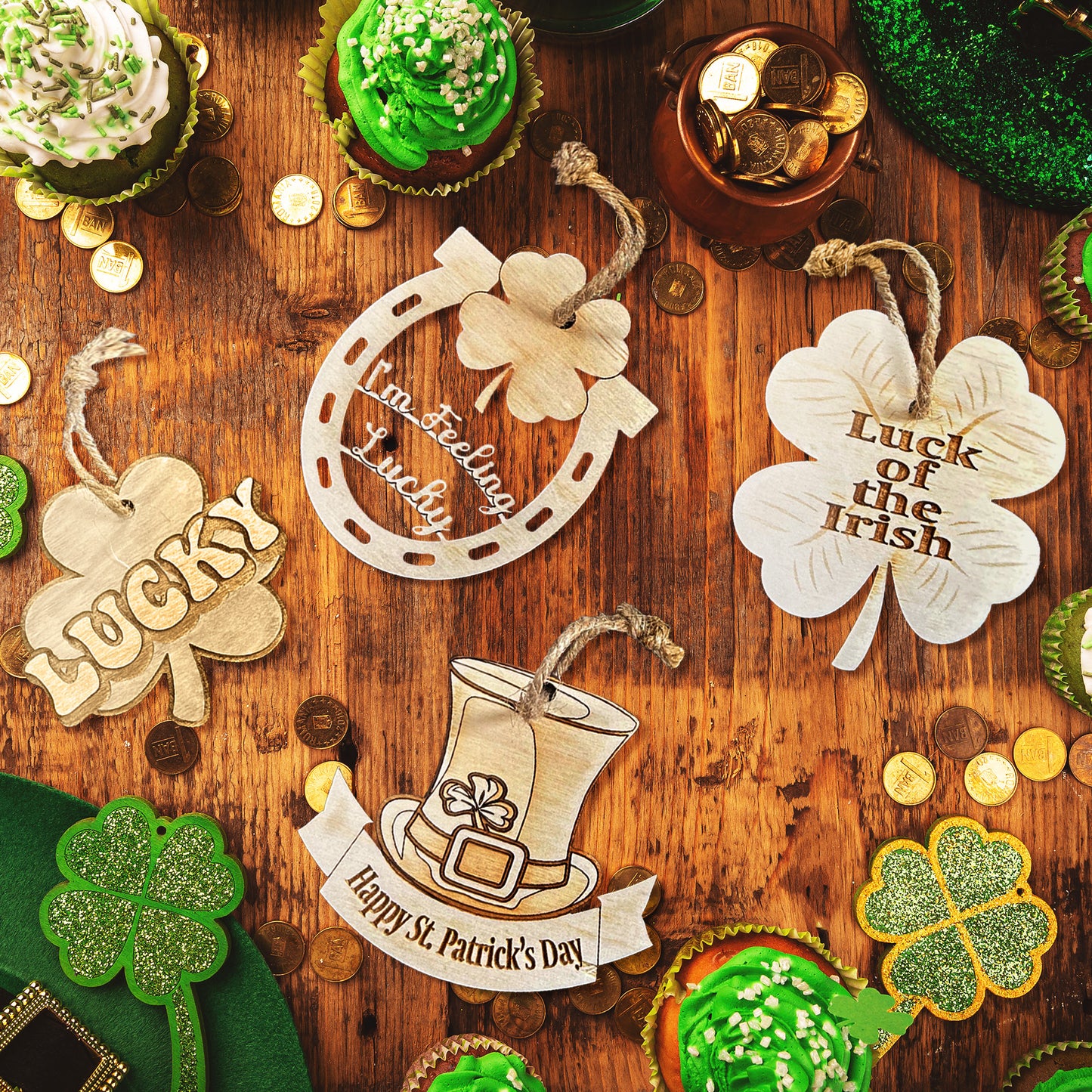 St. Patrick's Day Wooden Ornament Bundle, Set of 4 Unfinished Ornaments for DIY Crafts, Irish Decor and Gifts, Made in USA