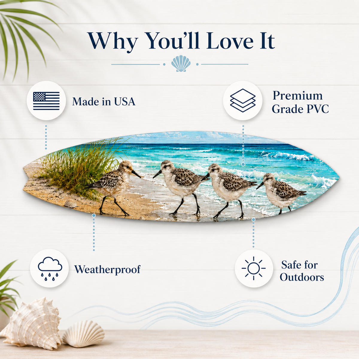 Shorebirds Sandpipers Surfboard Wall Art  PVC Indoor Outdoor
