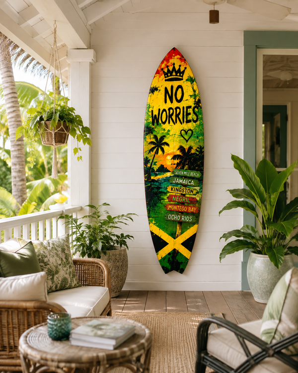 Outdoor Surfboard Wall Art Jamaica Good Vibes Sign with Sunset and Palm Trees, Beach House Tropical Coastal Decor Weatherproof PVC