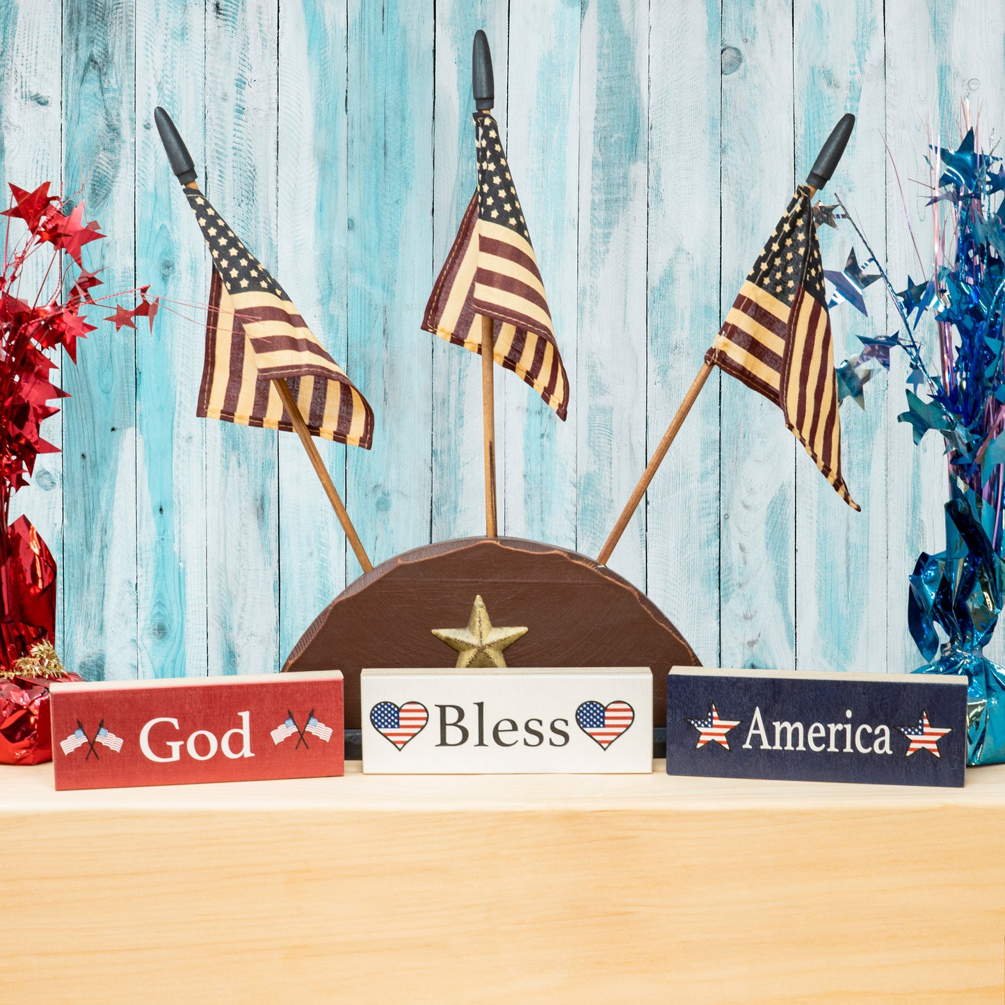 JennyGems American Pride Gifts, God Bless America Signs, Wood Blocks Set of 3, 5.5x2 in, Patriotic American Decorations, USA Tiered Tray Decor, Mantel Decor, Patriotic Home Decor, Made in USA