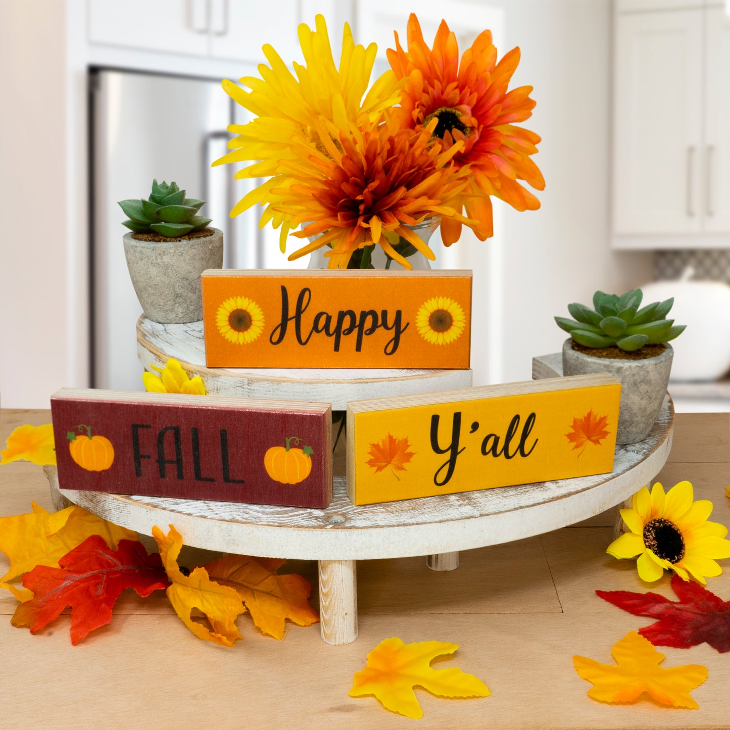 JennyGems Fall Decor, Happy Fall Y’all Wooden Block Signs, Fall Tiered Tray, Fall Decorations for Home, Autumn Thanksgiving Decorations, Maple Leaf Pumpkin, Made in USA