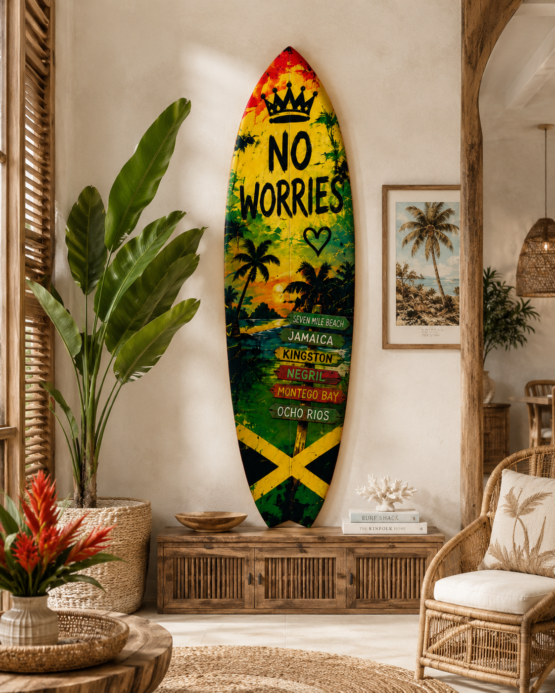 Outdoor Surfboard Wall Art Jamaica Good Vibes Sign with Sunset and Palm Trees, Beach House Tropical Coastal Decor Weatherproof PVC