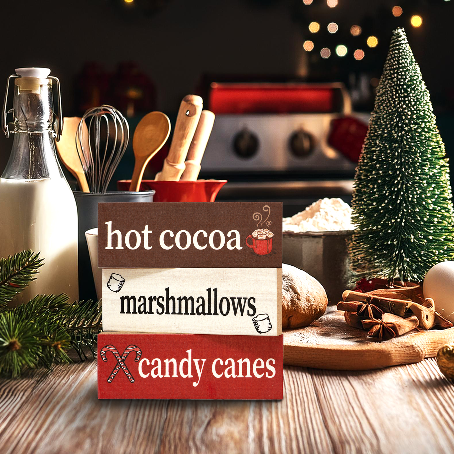 JennyGems Christmas Decor, Hot Cocoa Marshmallows Candy Canes, 3pc Mini Wooden Block Signs, Christmas Gifts, Made in USA