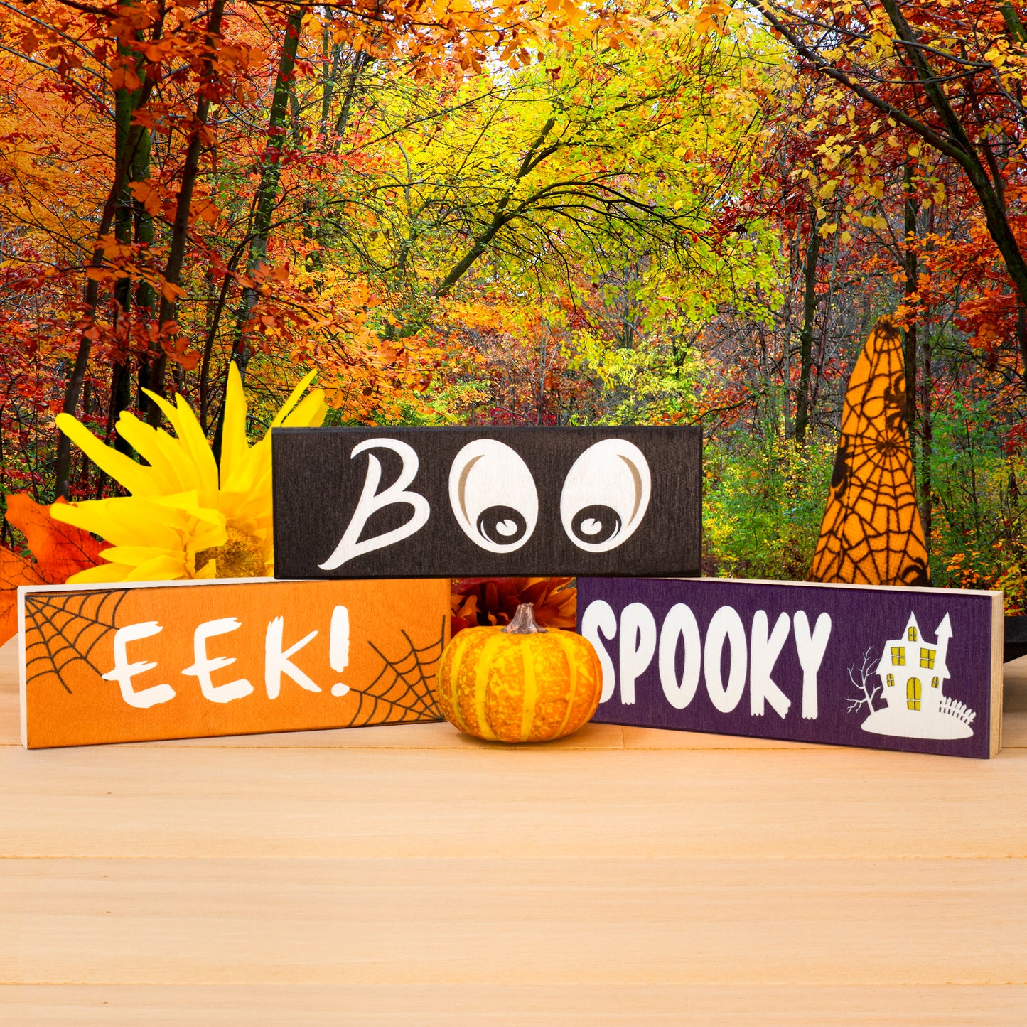 JennyGems Halloween Decorations, Boo Eek Spooky Mini Wooden Block Signs, Halloween Tiered Tray Decor, Halloween Party Decorations, Made in USA