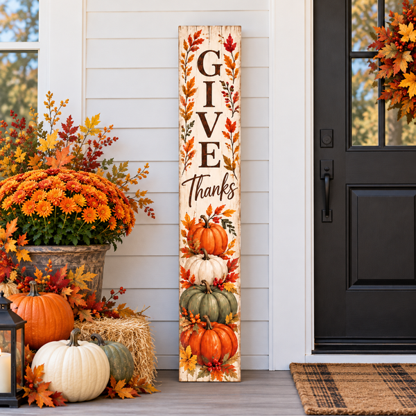 Give Thanks Pumpkins Porch Board and Leaner Sign