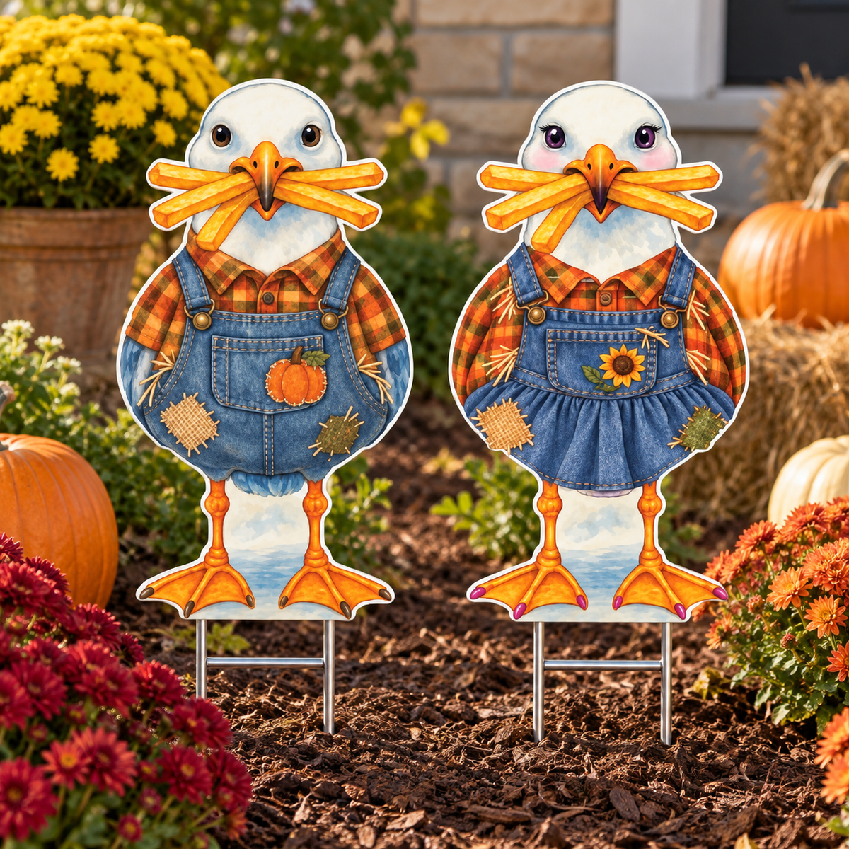 Scarecrow Coastal Yard Signs, Set of 2, Beach House Decor, 12 Inch PVC Sully Sally