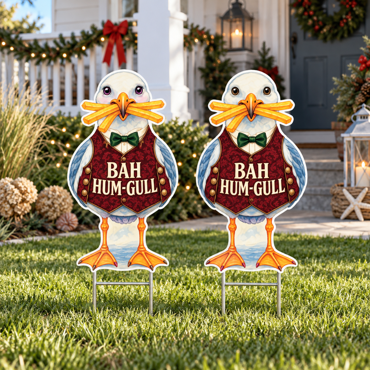 Funny Cute Christmas Beach Yard Signs, Set of 2, Coastal Garden Decor, 12 Inch PVC Sully & Sally Seagulls