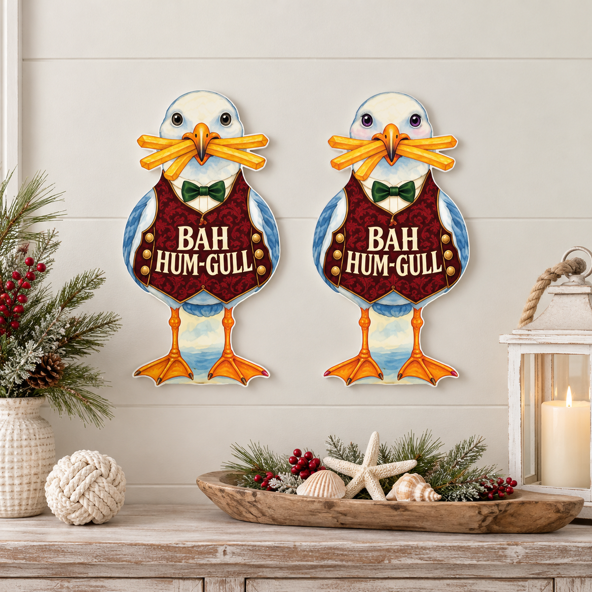 Funny Cute Christmas Beach Yard Signs, Set of 2, Coastal Garden Decor, 12 Inch PVC Sully & Sally Seagulls