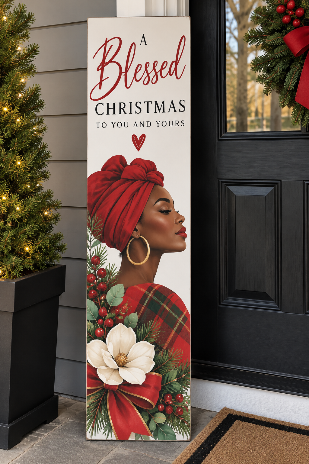 Merry Christmas Porch Leaner Sign – Elegant Black Woman Holiday Decor