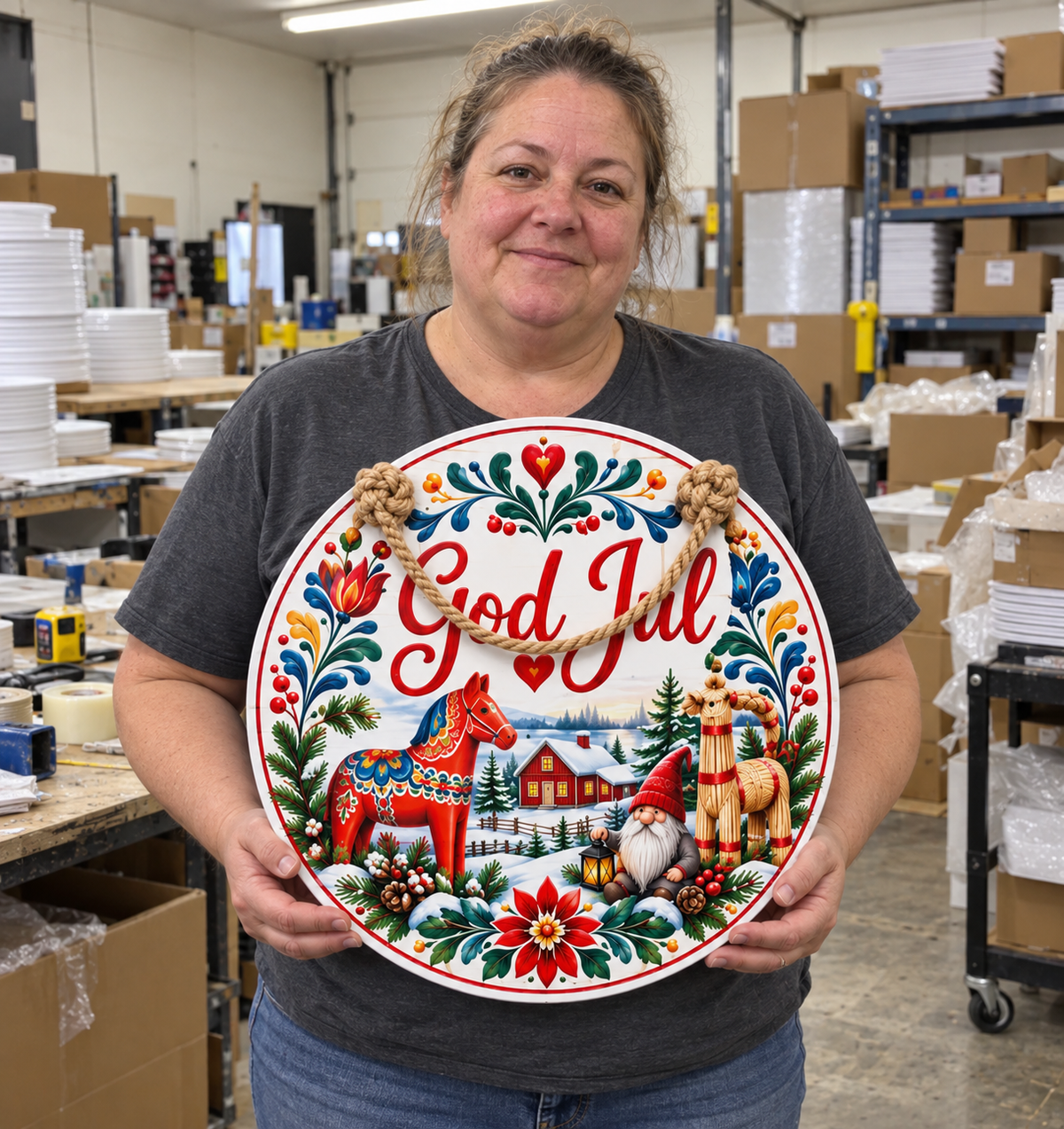 God Jul Swedish Christmas Door Hanger – Dala Horse Scandinavian Heritage Round PVC Sign