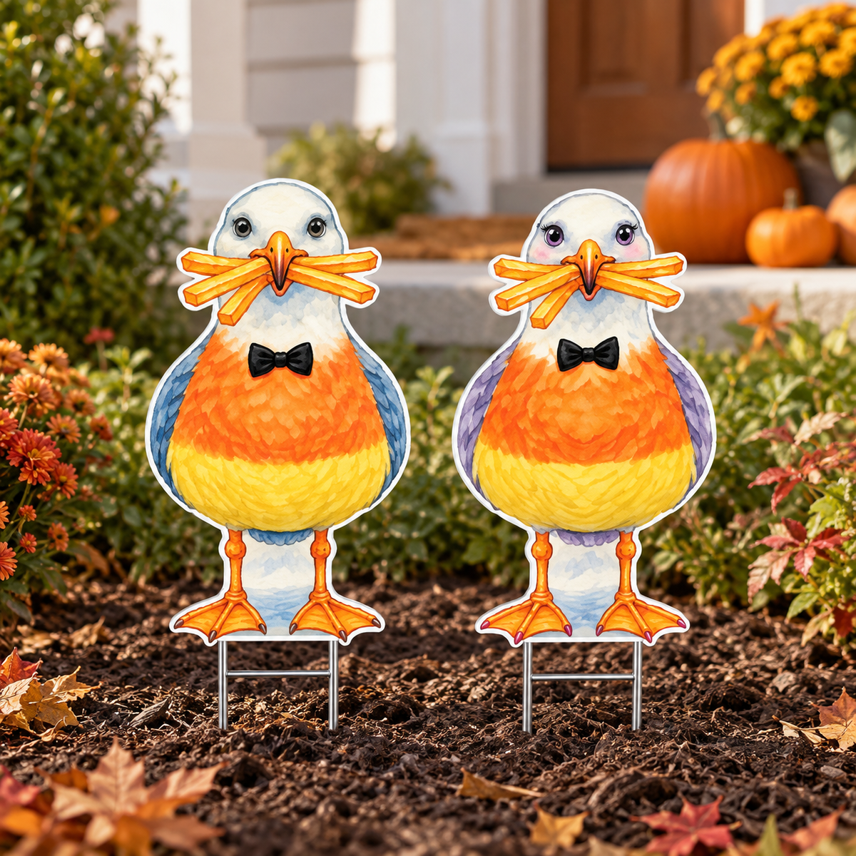 Halloween Candy Corn Coastal Yard Signs, Set of 2, 12 Inch PVC Sully and Sally, Beach House Fall