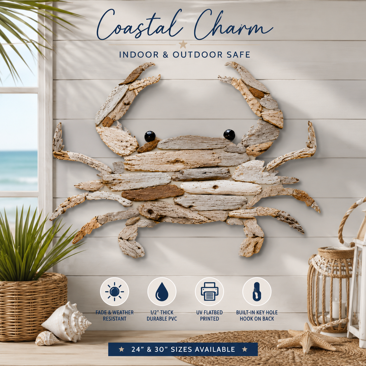 Driftwood Crab Wall Art – Coastal PVC Wall Decor for Indoor & Outdoor Use
