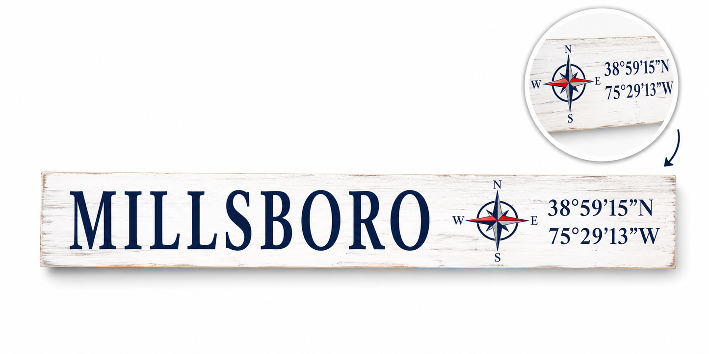 Millsboro Delaware Sign: Compass Coordinates Shelf Decor