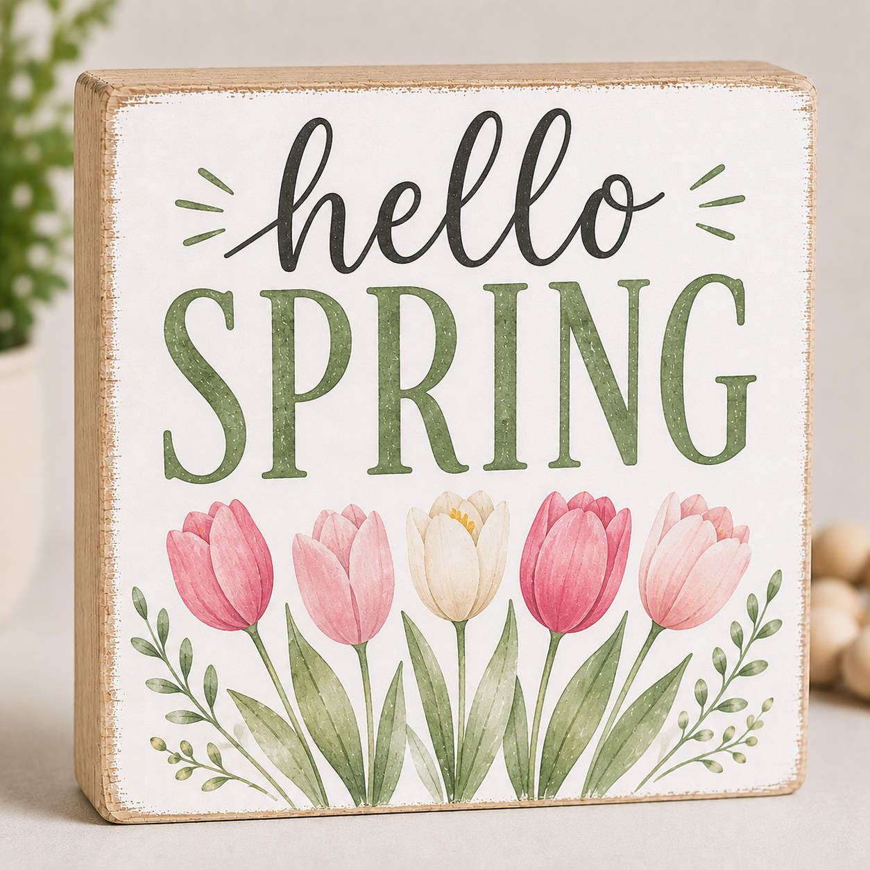Hello Spring Decor Sign with Tulips