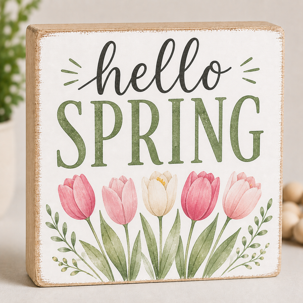 Hello Spring Decor Sign with Tulips