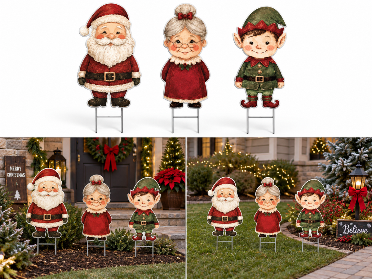 Santa Mrs Claus and Elf Yard Sign Set for Christmas