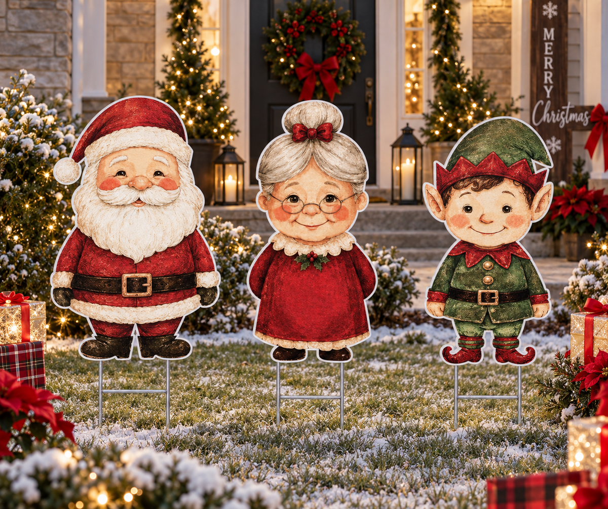 Santa Mrs Claus and Elf Yard Sign Set for Christmas