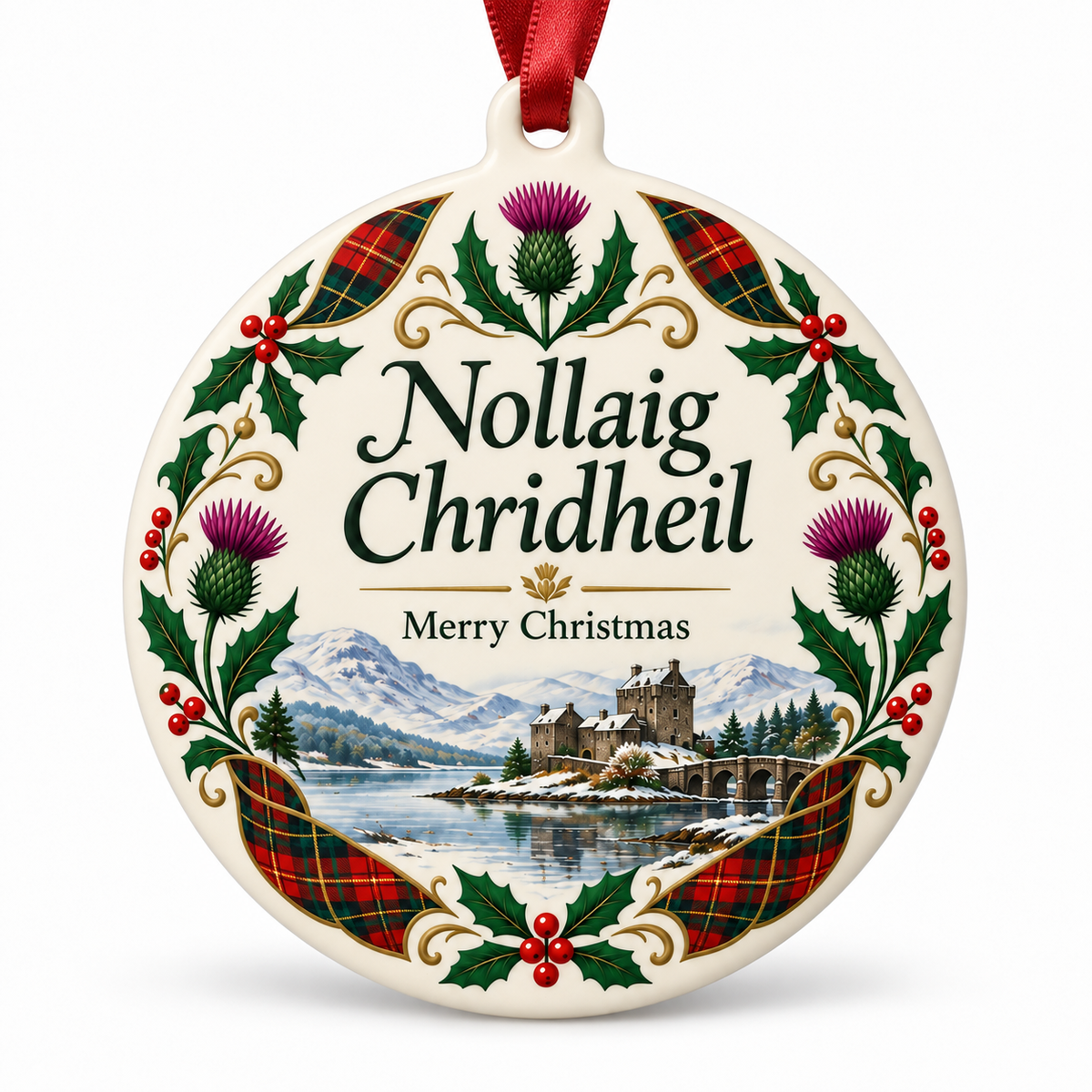Scottish Themed Christmas Ornament – Nollaig Chridheil Gaelic Tartan & Thistle Holiday Decor