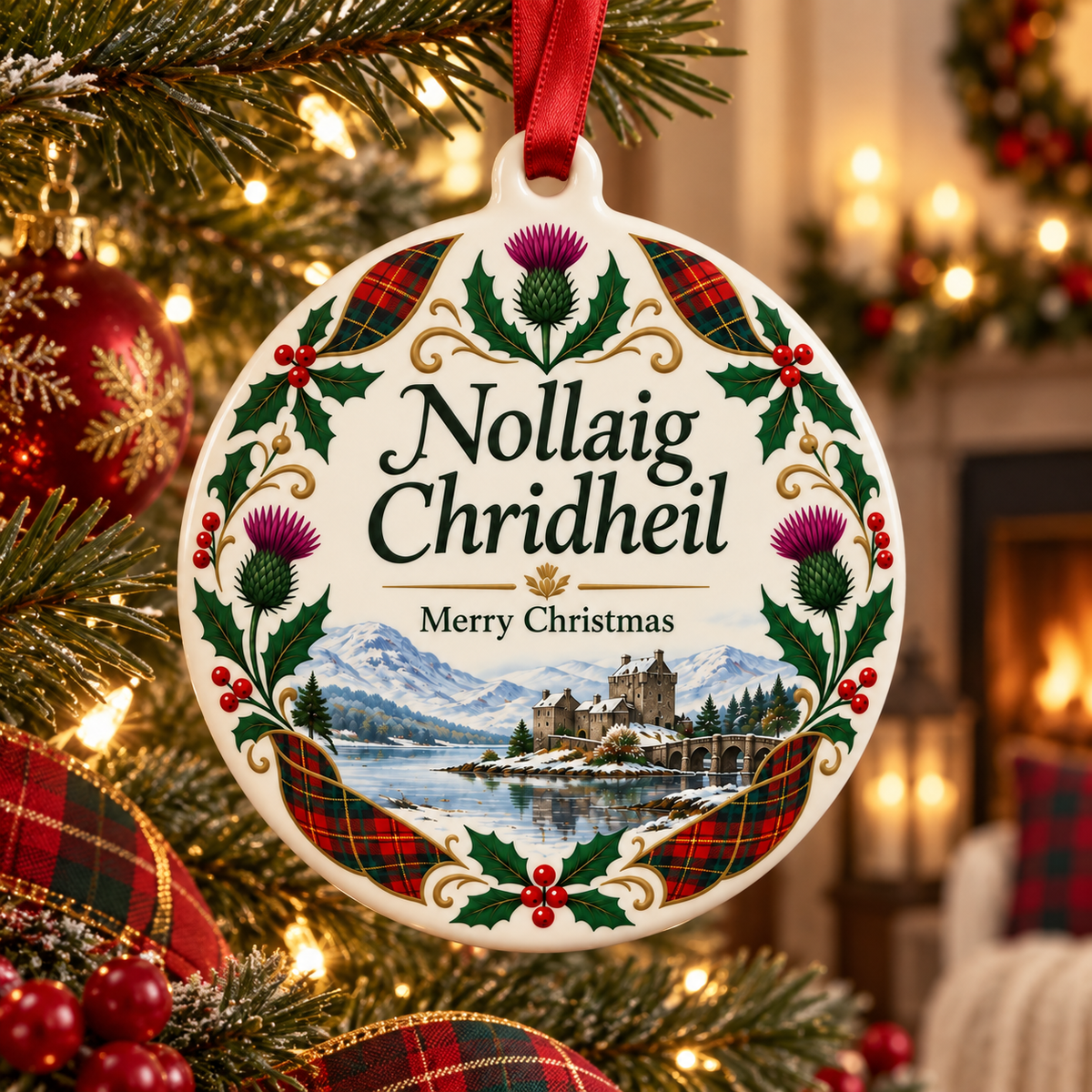 Scottish Themed Christmas Ornament – Nollaig Chridheil Gaelic Tartan & Thistle Holiday Decor