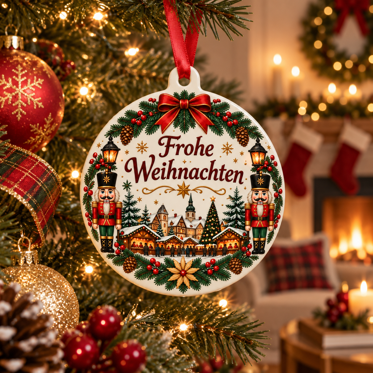 German Themed Christmas Ornament – Frohe Weihnachten Nutcracker Christmas Market Holiday Décor
