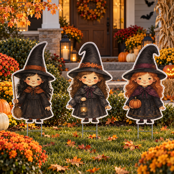 Set of 3 Halloween Witch Yard Stakes – 12” PVC Lawn Decorations, Cute Witches