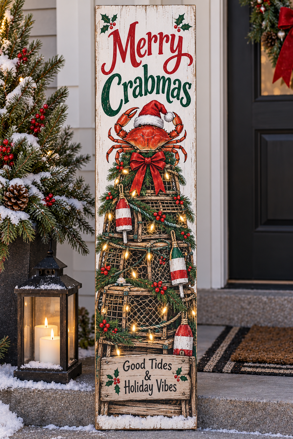 Merry Crabmas Christmas Porch Board Leaner, Coastal Decor
