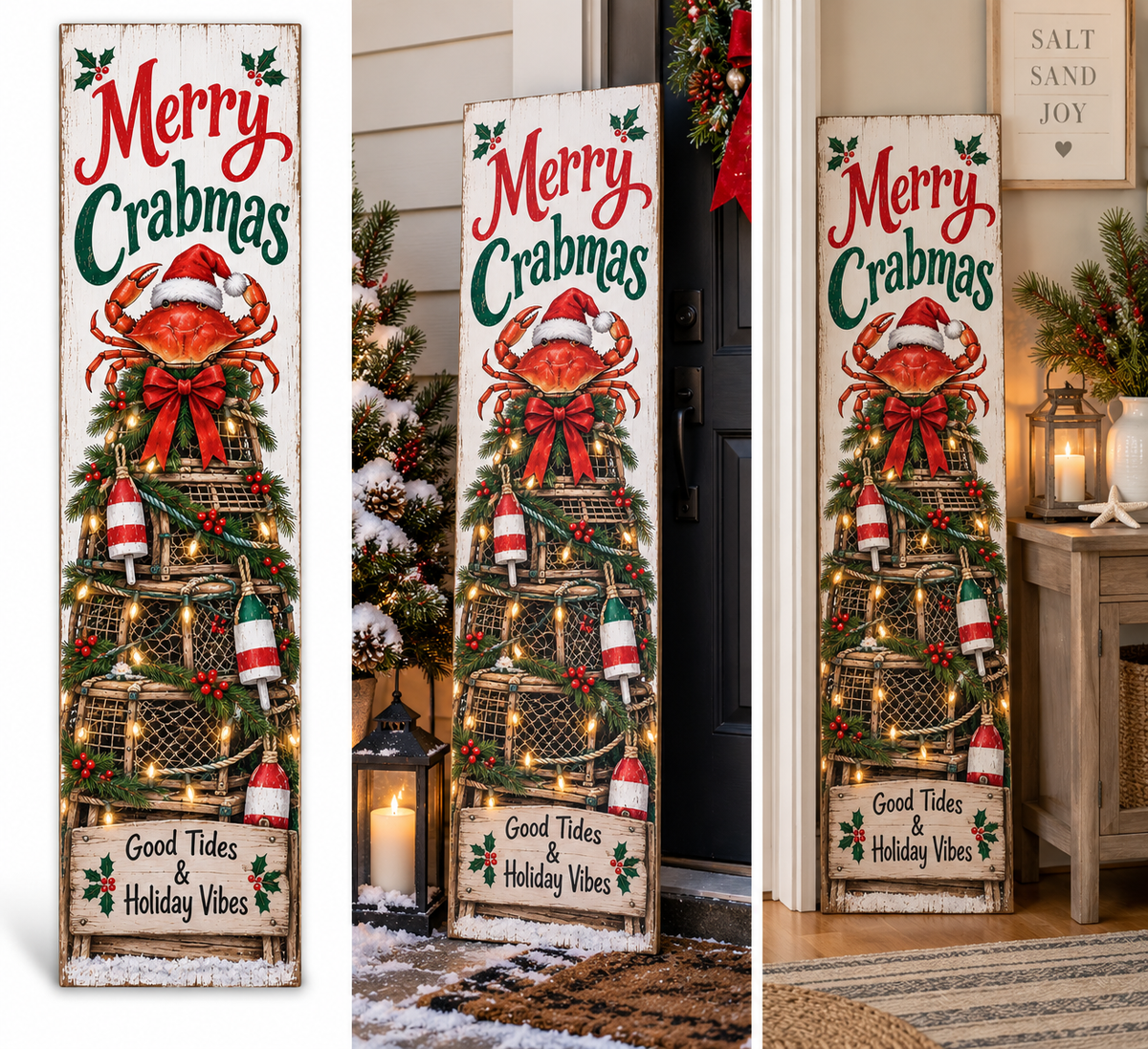 Merry Crabmas Christmas Porch Board Leaner, Coastal Decor