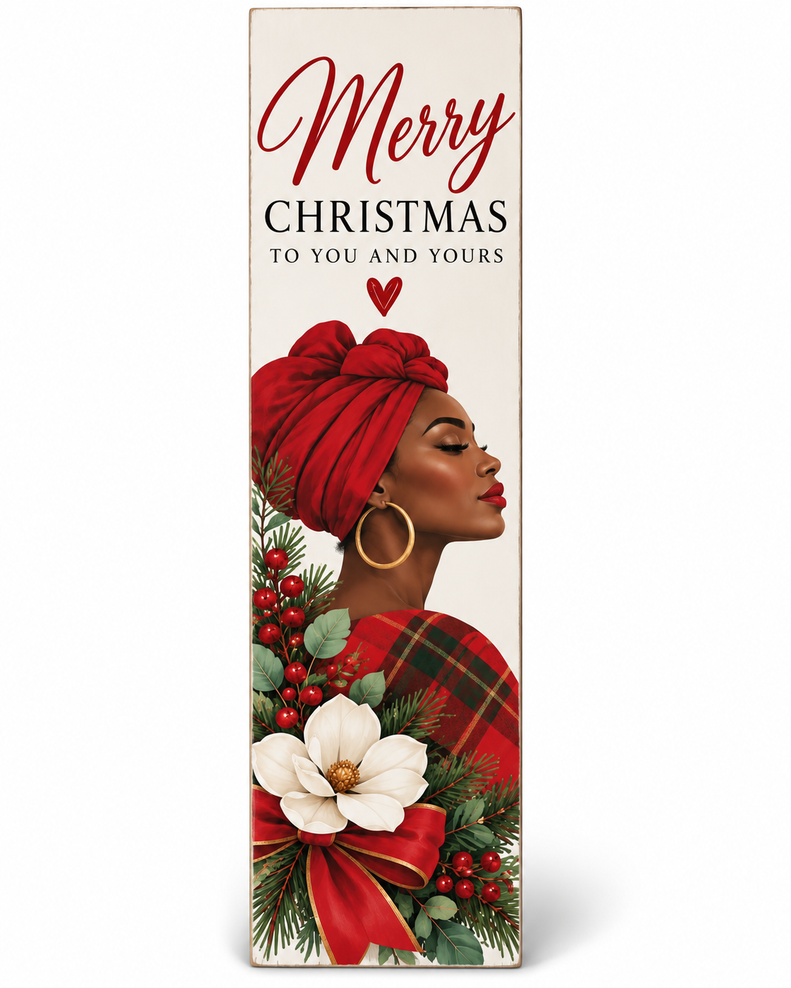 Merry Christmas Porch Leaner Sign – Elegant Black Woman Holiday Decor