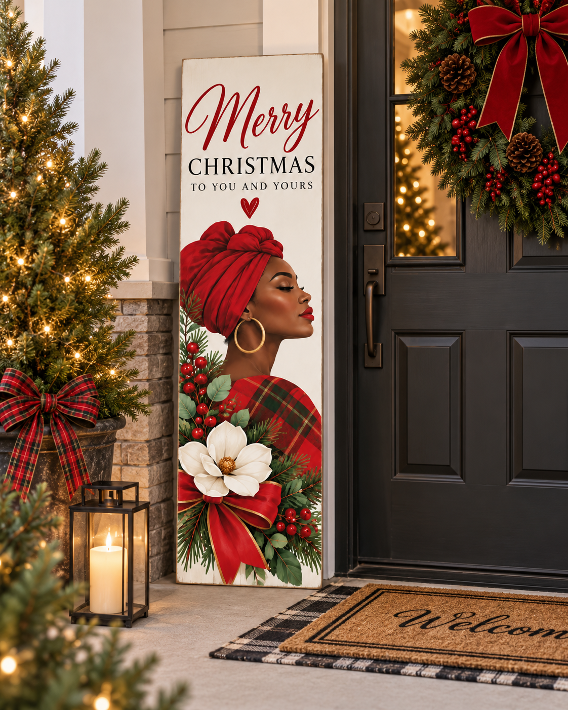 Merry Christmas Porch Leaner Sign – Elegant Black Woman Holiday Decor