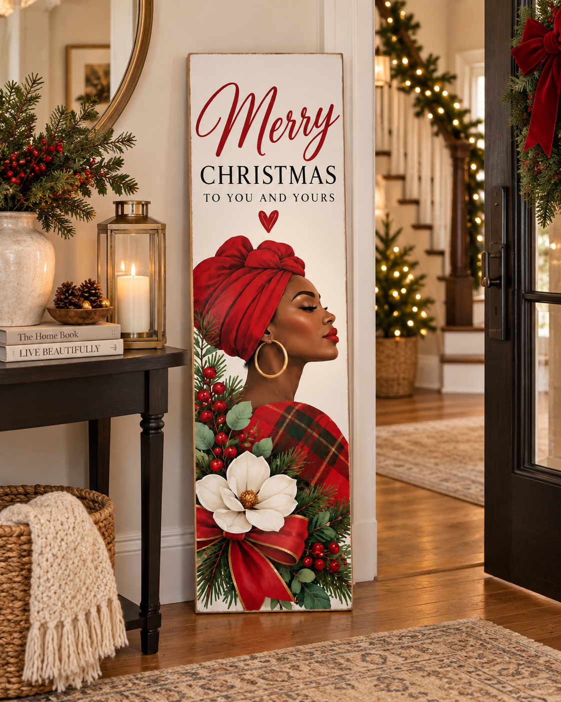 Merry Christmas Porch Leaner Sign – Elegant Black Woman Holiday Decor