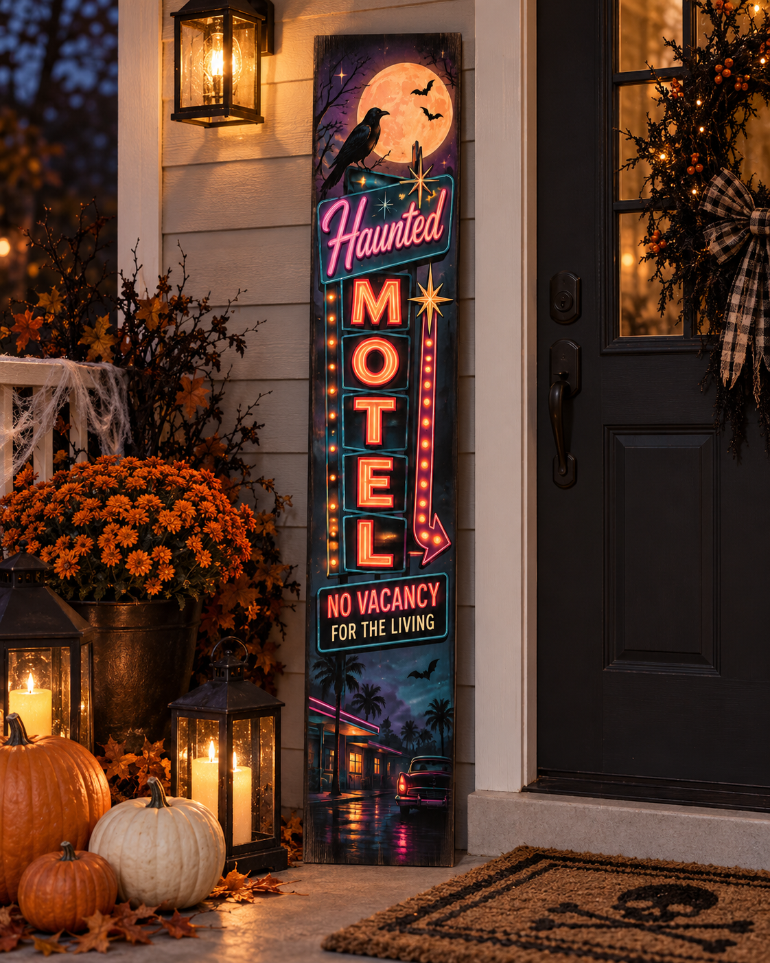 Unique Spooky Haunted Halloween Motel Porch Board Leaner