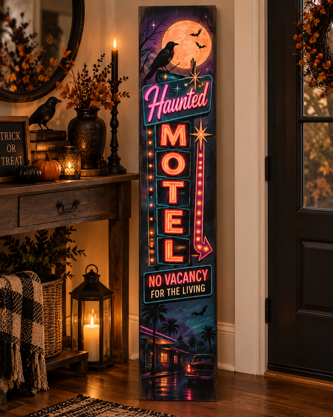 Unique Spooky Haunted Halloween Motel Porch Board Leaner