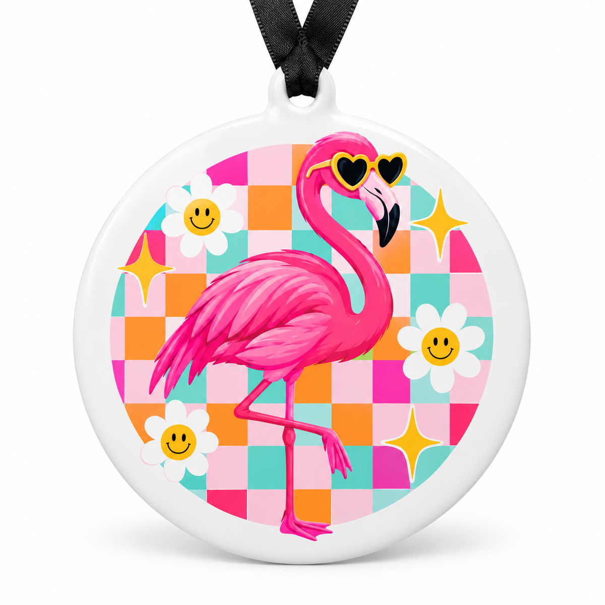 Pink Flamingo Christmas Ornament – Preppy Checkerboard Smiley Daisy Coastal Girly Christmas Tree Decor