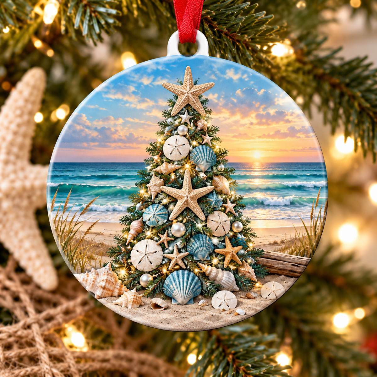 Coastal Christmas Ornament, Seashell Christmas Tree, Beach Ornament, Starfish Nautical Holiday Decor, Tropical Christmas Gift